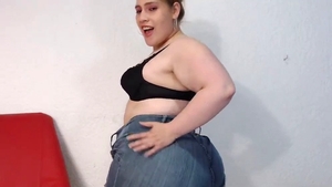 Very fat and big booty girl in denim jeans striptease solo