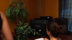 Perfect body brunette foot licking in office in HD